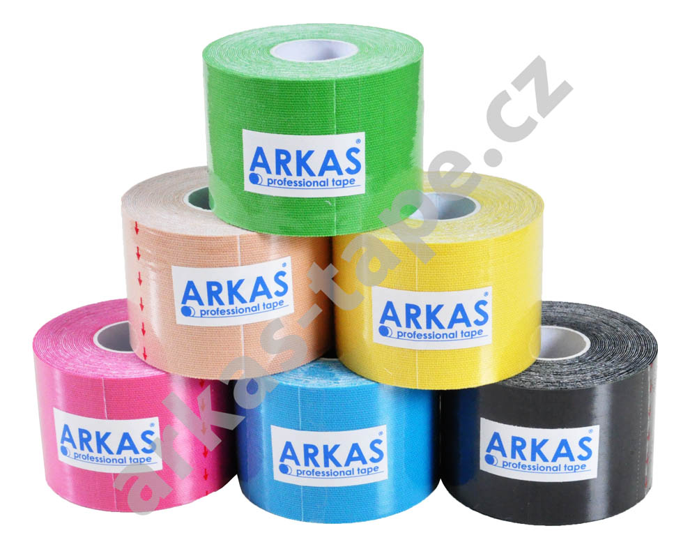 výběr barev kinesiotapů Arkas (modrá, béžová, žlutá, zelená, černá, růžová, oranžová, červená, fialová)